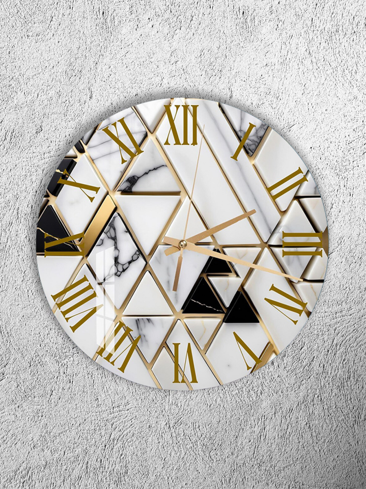 KIRILMAZ CAM DUVAR SAATİ, HEM TABLO HEM SAAT BEYAZ MERMER ALTIN GEOMETRİK LÜKS EV OFİS HEDİYESİ