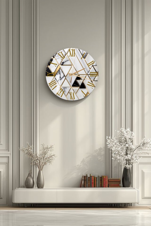 KIRILMAZ CAM DUVAR SAATİ, HEM TABLO HEM SAAT BEYAZ MERMER ALTIN GEOMETRİK LÜKS EV OFİS HEDİYESİ