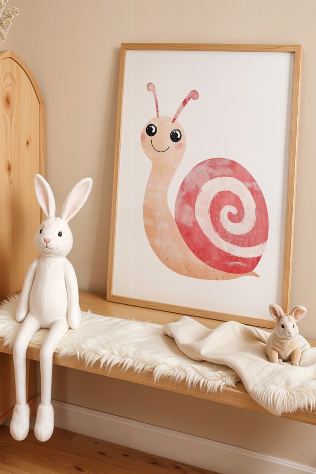 DOĞAL AHŞAP - Gülümseyen Salyangoz Çocuk Odası Ahşap Çerçeveli Duvar Tablosu