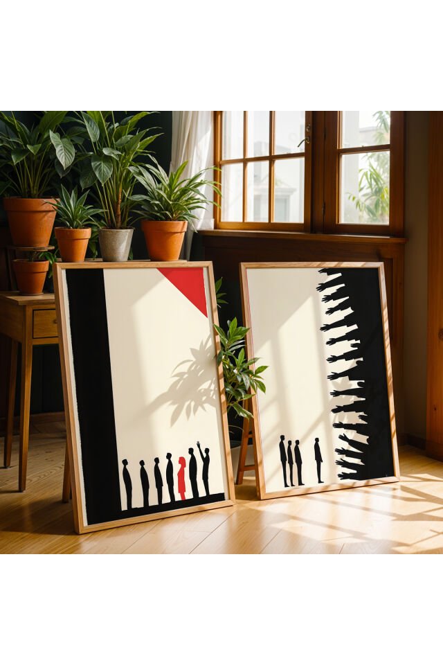 DOĞAL AHŞAP - Abstract İnsan Figürü İkili Doğal Ahşap Çerçeveli Duvar Tablo Seti