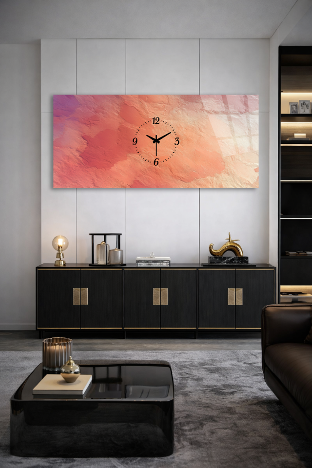 KIRILMAZ CAM DUVAR SAATİ , HEM TABLO HEM SAAT SOFT MERCAN TONLU SOYUT TASARIM EV OFİS HEDİYESİ