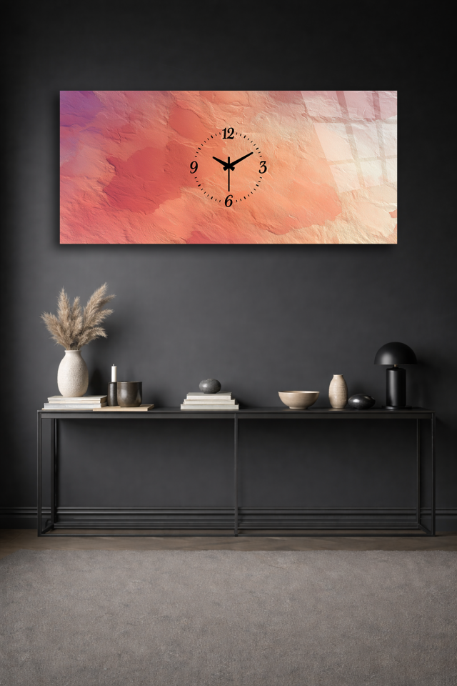 KIRILMAZ CAM DUVAR SAATİ , HEM TABLO HEM SAAT SOFT MERCAN TONLU SOYUT TASARIM EV OFİS HEDİYESİ