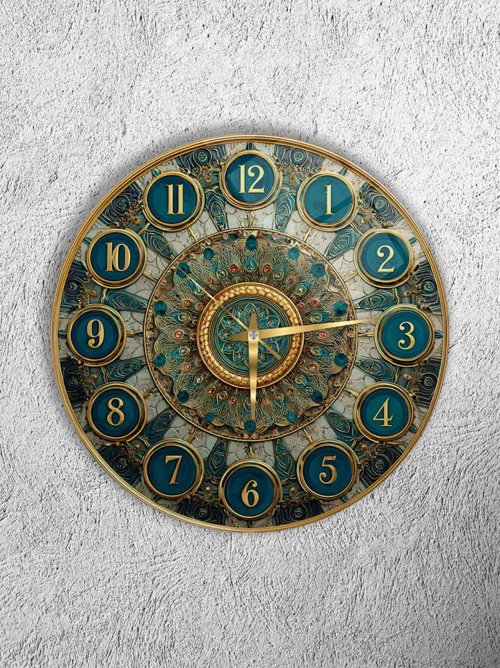 KIRILMAZ CAM DUVAR SAATİ, OSMANLI MOTİFLİ TURKUAZ ALTIN DETAYLI MANDALA TASARIMI, HEM TABLO HEM SAAT EV OFİS HEDİYESİ