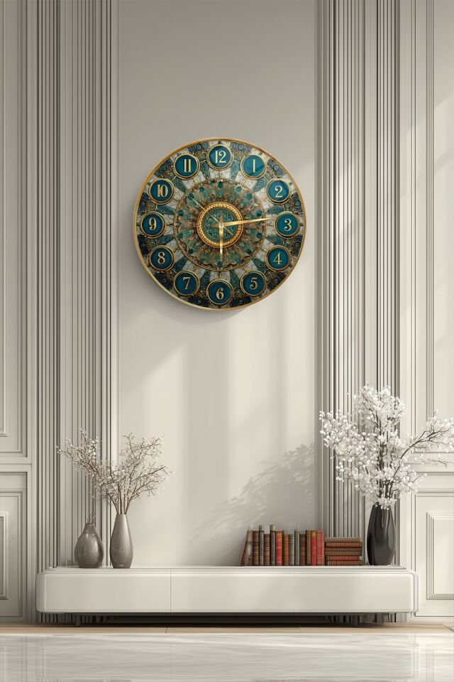 KIRILMAZ CAM DUVAR SAATİ, OSMANLI MOTİFLİ TURKUAZ ALTIN DETAYLI MANDALA TASARIMI, HEM TABLO HEM SAAT EV OFİS HEDİYESİ