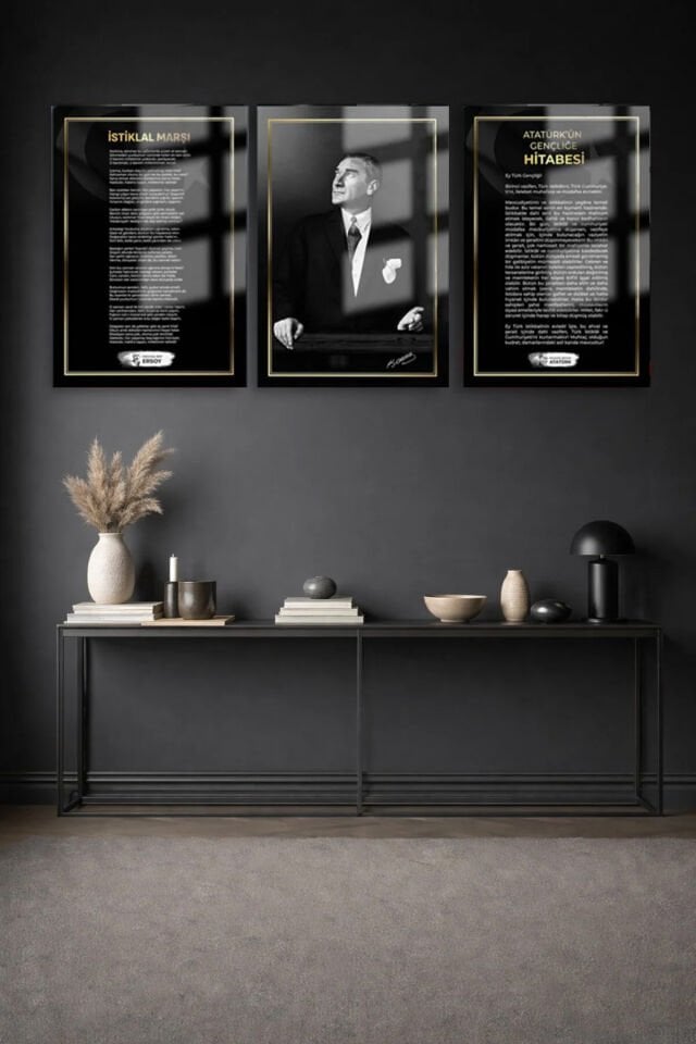 Atatürk 3'lü Set Cam Tablo-2 Atatürk Tablosu - İstiklal Marşı Tablosu - Gençliğe Hitabe Tablosu SİYAH