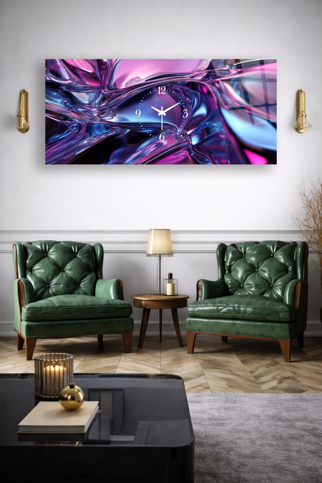 KIRILMAZ CAM DUVAR SAATİ , HEM TABLO HEM SAAT MOR MAVİ CAM SOYUT DESEN EV OFİS HEDİYESİ