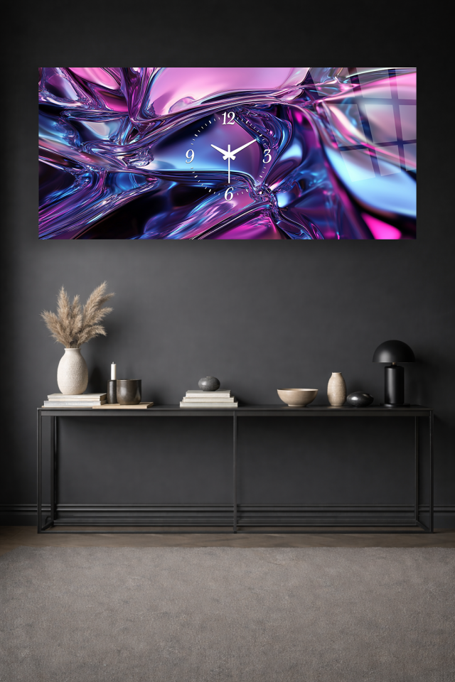 KIRILMAZ CAM DUVAR SAATİ , HEM TABLO HEM SAAT MOR MAVİ CAM SOYUT DESEN EV OFİS HEDİYESİ