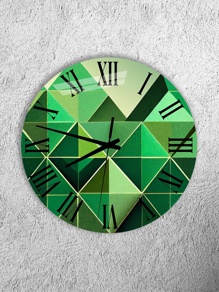 KIRILMAZ CAM DUVAR SAATİ, HEM TABLO HEM SAAT YEŞİL GEOMETRİK ROMEN RAKAM MODERN TASARIM EV OFİS HEDİYESİ