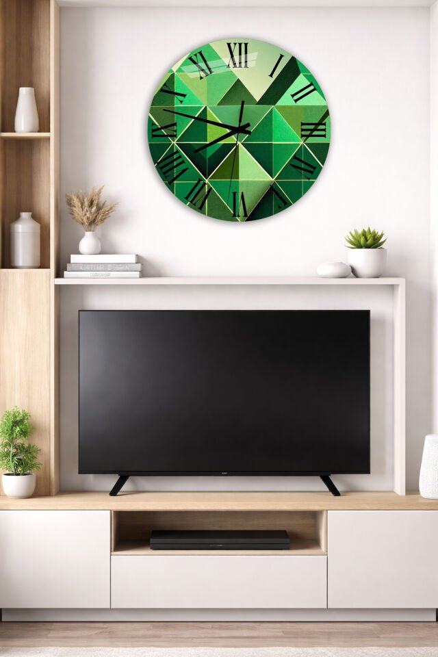 KIRILMAZ CAM DUVAR SAATİ, HEM TABLO HEM SAAT YEŞİL GEOMETRİK ROMEN RAKAM MODERN TASARIM EV OFİS HEDİYESİ