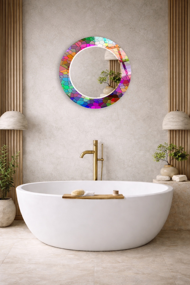 HEM TABLO HEM AYNA RENKLİ MOZAİK MODERN DESEN CAM DUVAR AYNASI EV DEKORU