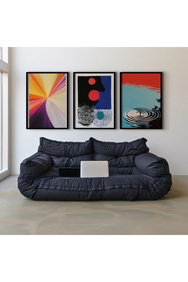 SİYAH - Abstract Geometrik Minimalizm Üçlü Doğal Ahşap Çerçeveli Duvar Tablo Seti