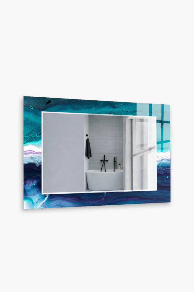 HEM TABLO HEM AYNA LACİVERT MOR AKIŞKAN MERMER CAM DUVAR AYNASI EV DEKORU