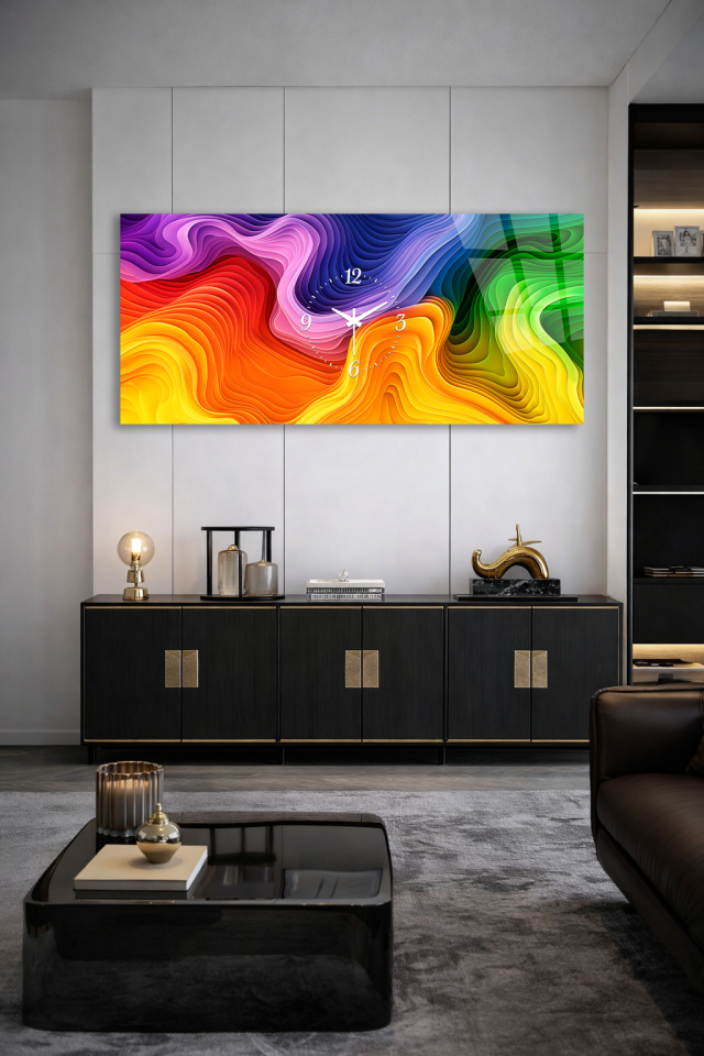 KIRILMAZ CAM DUVAR SAATİ , HEM TABLO HEM SAAT RENKLİ DALGA KATMANLI MODERN TASARIM EV OFİS HEDİYESİ