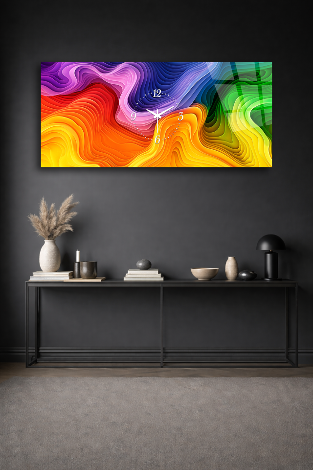 KIRILMAZ CAM DUVAR SAATİ , HEM TABLO HEM SAAT RENKLİ DALGA KATMANLI MODERN TASARIM EV OFİS HEDİYESİ