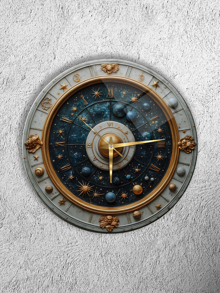 KIRILMAZ CAM DUVAR SAATİ, ASTROLOJİ VE GEZEGEN TEMALI GALAKSİ TASARIMI, HEM TABLO HEM SAAT EV OFİS HEDİYESİ