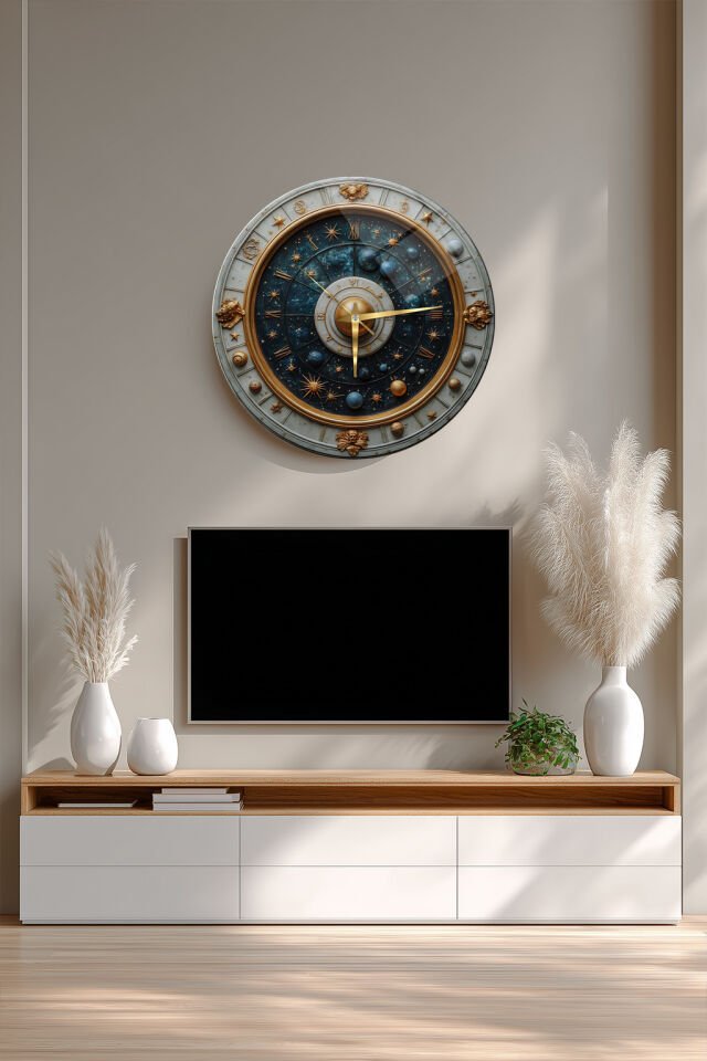 KIRILMAZ CAM DUVAR SAATİ, ASTROLOJİ VE GEZEGEN TEMALI GALAKSİ TASARIMI, HEM TABLO HEM SAAT EV OFİS HEDİYESİ