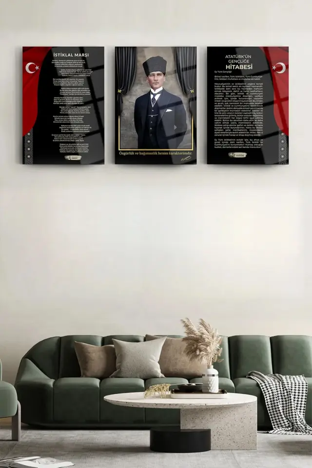 Atatürk 3'lü Set Cam Tablo- Atatürk Tablosu - İstiklal Marşı Tablosu - Gençliğe Hitabe Tablosu SİYAH