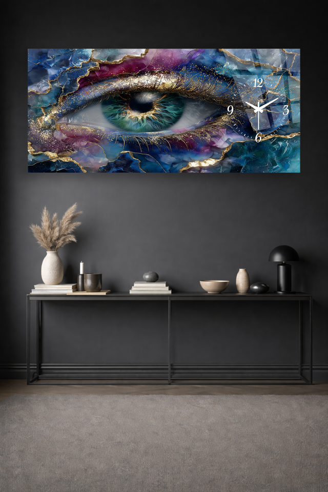 KIRILMAZ CAM DUVAR SAATİ , HEM TABLO HEM SAAT SANATSAL GÖZ İLLUSTRASYON EV OFİS HEDİYESİ