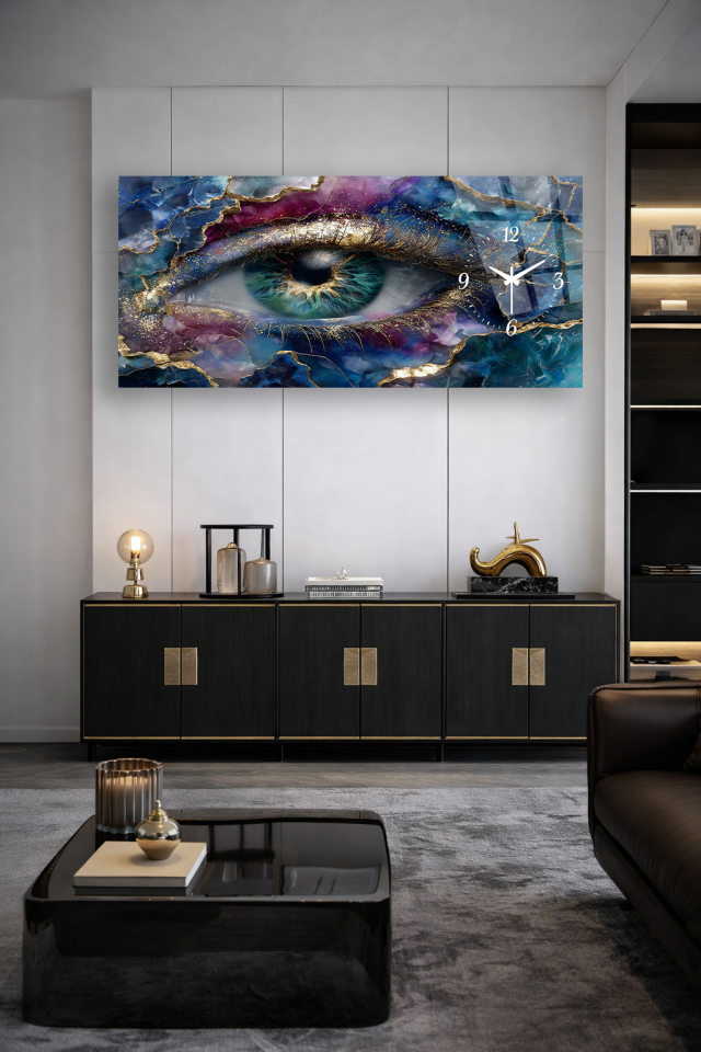 KIRILMAZ CAM DUVAR SAATİ , HEM TABLO HEM SAAT SANATSAL GÖZ İLLUSTRASYON EV OFİS HEDİYESİ