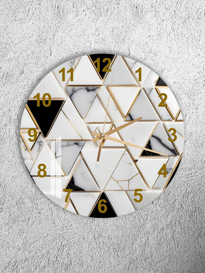 KIRILMAZ CAM DUVAR SAATİ, HEM TABLO HEM SAAT BEYAZ MERMER ALTIN GEOMETRİK LÜKS TASARIM EV OFİS HEDİYESİ