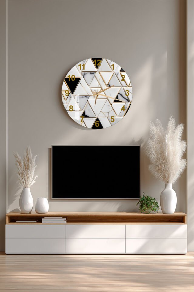 KIRILMAZ CAM DUVAR SAATİ, HEM TABLO HEM SAAT BEYAZ MERMER ALTIN GEOMETRİK LÜKS TASARIM EV OFİS HEDİYESİ