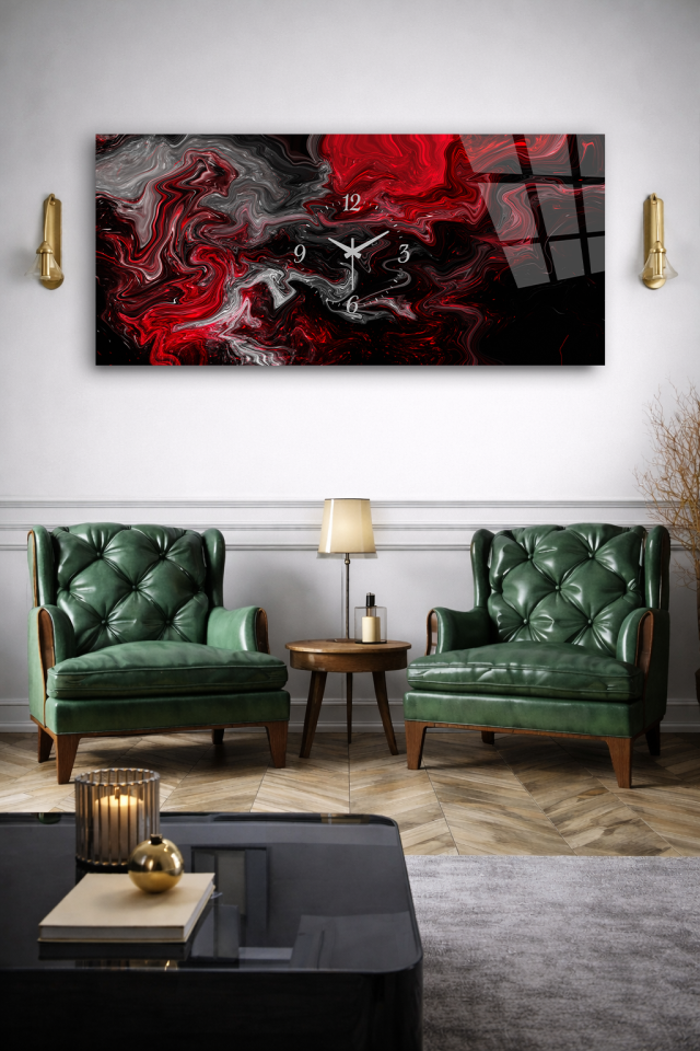 KIRILMAZ CAM DUVAR SAATİ , HEM TABLO HEM SAAT SİYAH KIRMIZI MERMER SOYUT DESEN EV OFİS HEDİYESİ