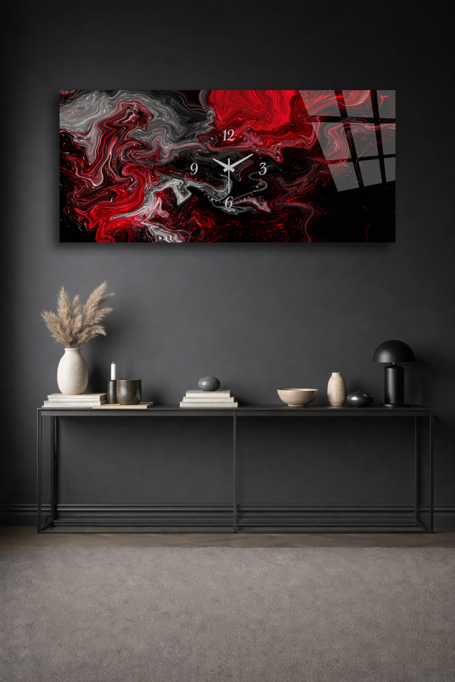 KIRILMAZ CAM DUVAR SAATİ , HEM TABLO HEM SAAT SİYAH KIRMIZI MERMER SOYUT DESEN EV OFİS HEDİYESİ