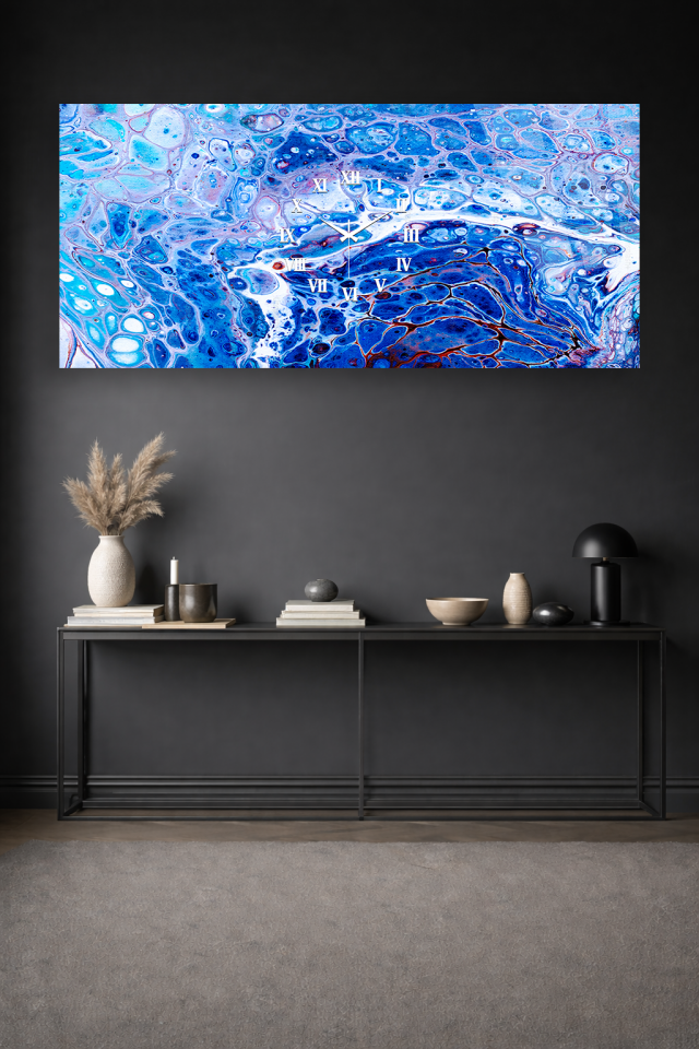 KIRILMAZ CAM DUVAR SAATİ , HEM TABLO HEM SAAT MAVİ MERMER SOYUT DESEN EV OFİS HEDİYESİ