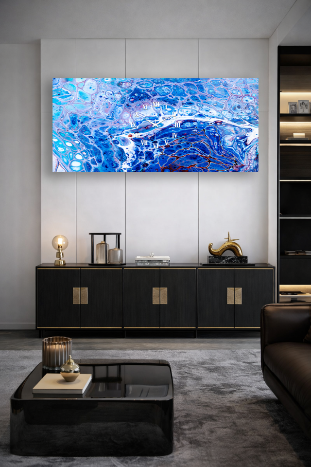 KIRILMAZ CAM DUVAR SAATİ , HEM TABLO HEM SAAT MAVİ MERMER SOYUT DESEN EV OFİS HEDİYESİ