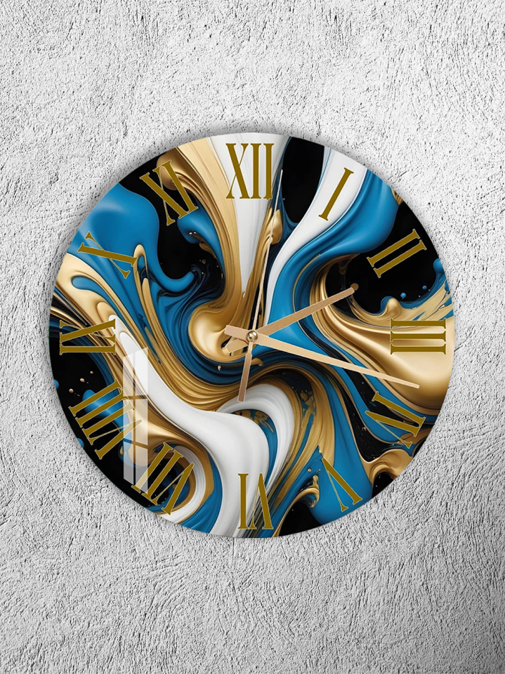 KIRILMAZ CAM DUVAR SAATİ, HEM TABLO HEM SAAT MAVİ ALTIN AKIŞKAN SOYUT ROMEN RAKAM TASARIM EV OFİS HEDİYESİ