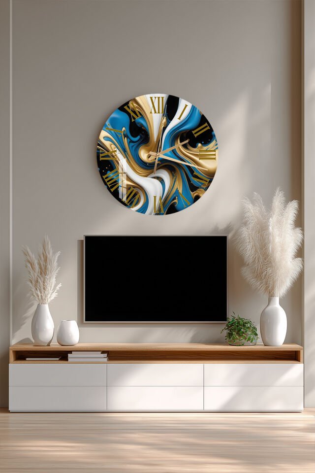 KIRILMAZ CAM DUVAR SAATİ, HEM TABLO HEM SAAT MAVİ ALTIN AKIŞKAN SOYUT ROMEN RAKAM TASARIM EV OFİS HEDİYESİ