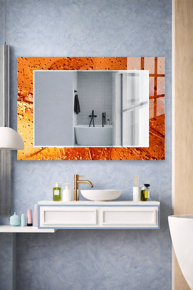 HEM TABLO HEM AYNA TURUNCU MERMER DALGA DESEN CAM DUVAR AYNASI EV DEKORU