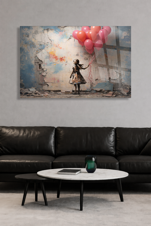 KIRILMAZ CAM TABLO BALONLU KIZ SOKAK SANATI BANKSY TARZI MODERN DUVAR DEKORU