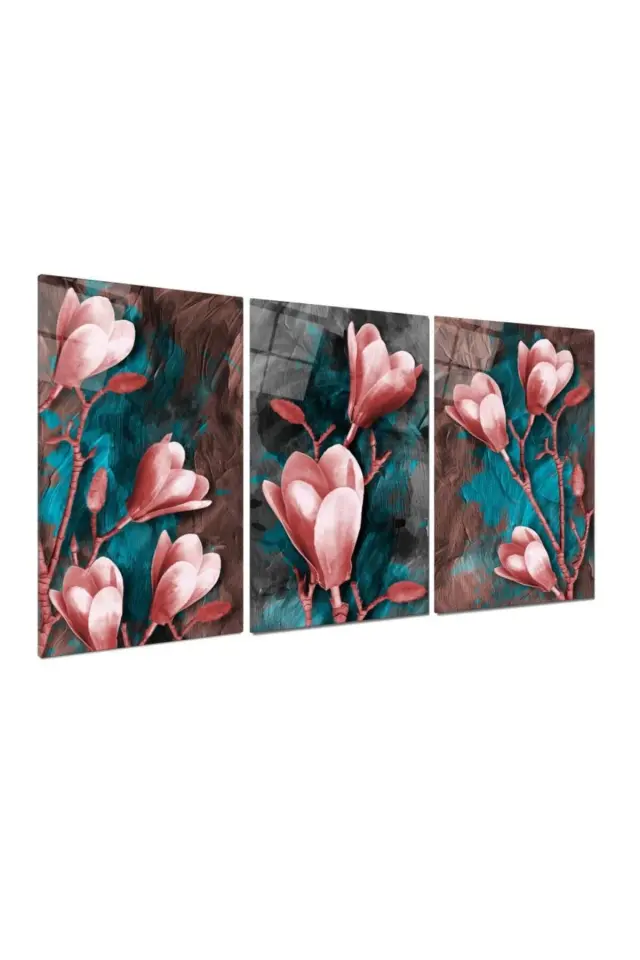 3 LÜ PEMBE ÇİÇEKLER HARİKA RENKLER MODERN TASARIM KIRILMAZ CAM TABLO LÜKS TABLO EV HEDİYESİ Pembe