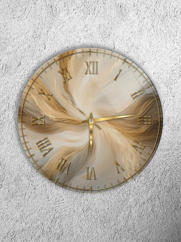 KIRILMAZ CAM DUVAR SAATİ, BEJ MERMER DOKULU SOYUT SANAT TASARIMI, HEM TABLO HEM SAAT EV OFİS HEDİYESİ