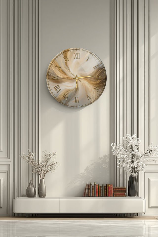 KIRILMAZ CAM DUVAR SAATİ, BEJ MERMER DOKULU SOYUT SANAT TASARIMI, HEM TABLO HEM SAAT EV OFİS HEDİYESİ
