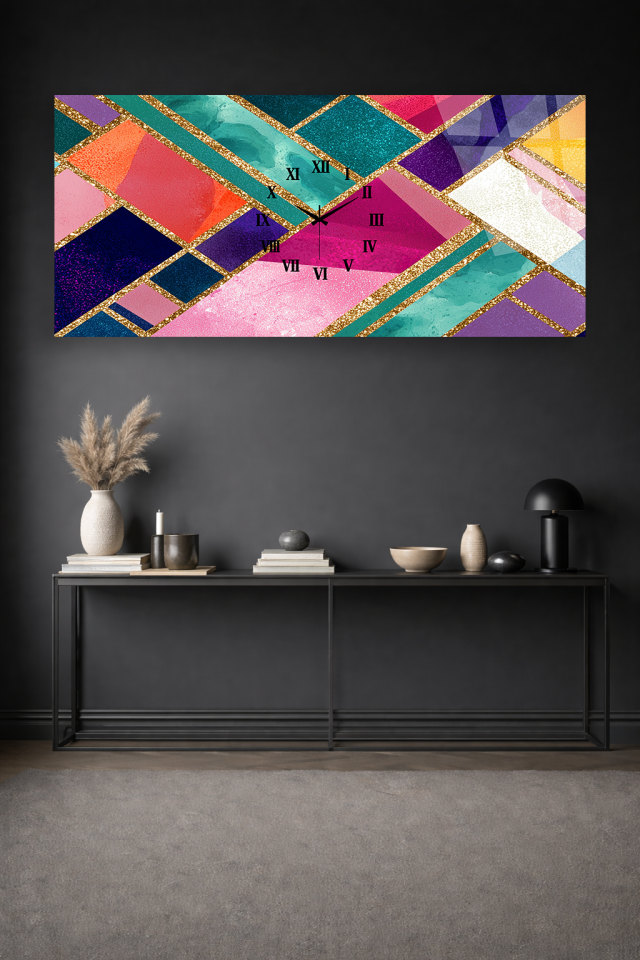 KIRILMAZ CAM DUVAR SAATİ , HEM TABLO HEM SAAT GEOMETRİK RENKLİ MODERN EV OFİS HEDİYESİ