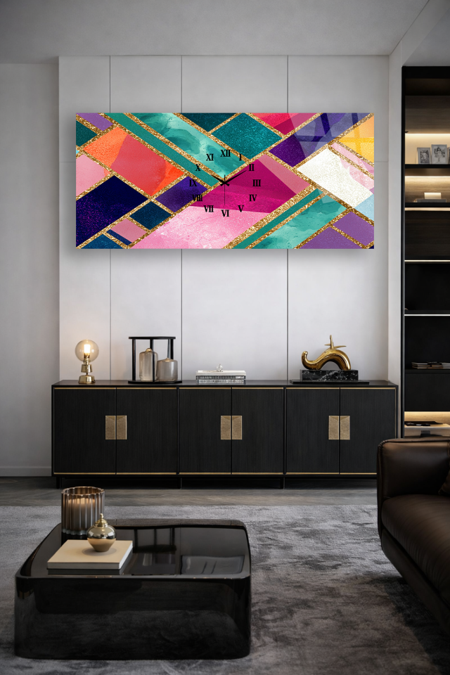 KIRILMAZ CAM DUVAR SAATİ , HEM TABLO HEM SAAT GEOMETRİK RENKLİ MODERN EV OFİS HEDİYESİ