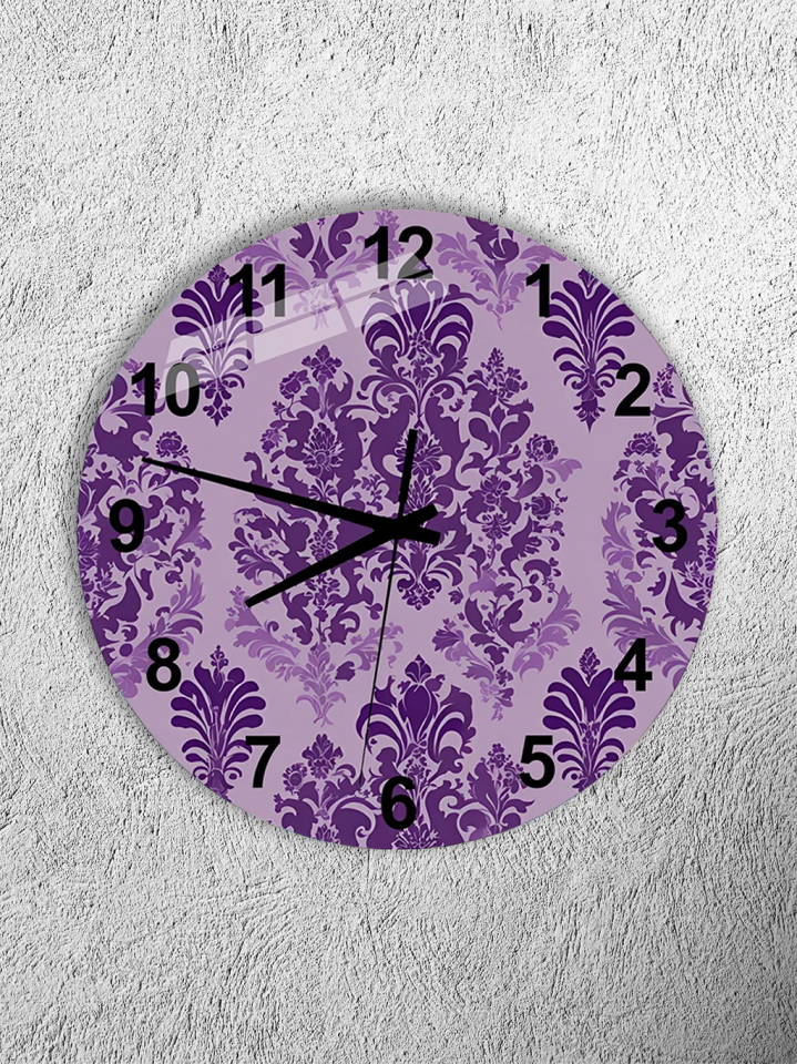KIRILMAZ CAM DUVAR SAATİ, HEM TABLO HEM SAAT MOR DAMASK DESEN KLASİK ŞIK TASARIM EV OFİS HEDİYESİ