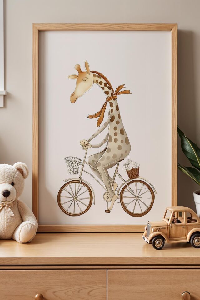 DOĞAL AHŞAP - Bisiklet Süren Zürafa Çocuk Odası Ahşap Çerçeveli Duvar Tablosu