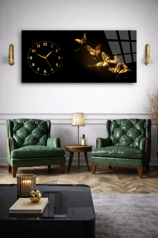 KIRILMAZ CAM DUVAR SAATİ , HEM TABLO HEM SAAT ALTIN KELEBEK SİYAH ZEMİN TASARIM EV OFİS HEDİYESİ