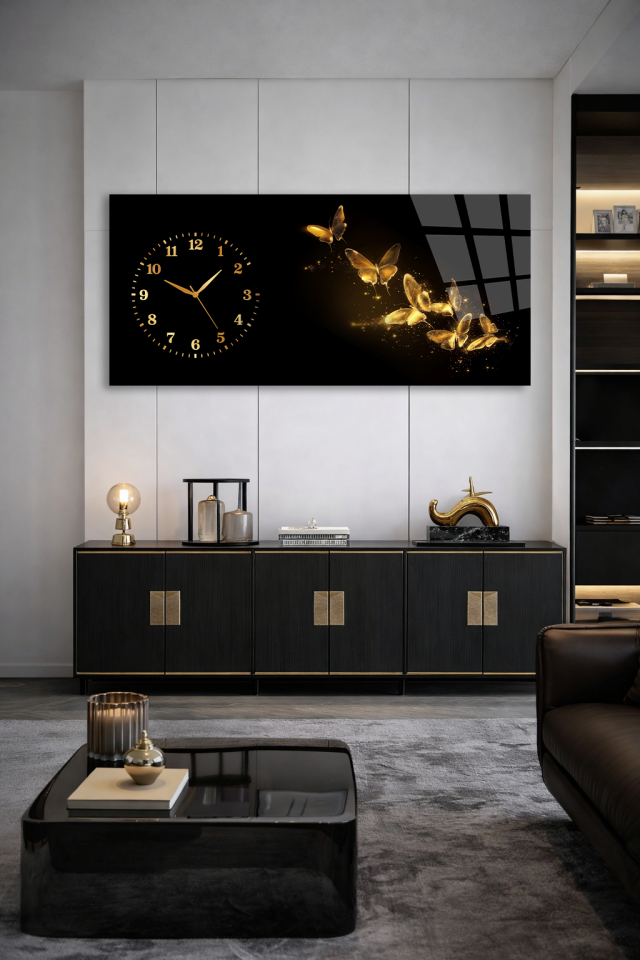 KIRILMAZ CAM DUVAR SAATİ , HEM TABLO HEM SAAT ALTIN KELEBEK SİYAH ZEMİN TASARIM EV OFİS HEDİYESİ