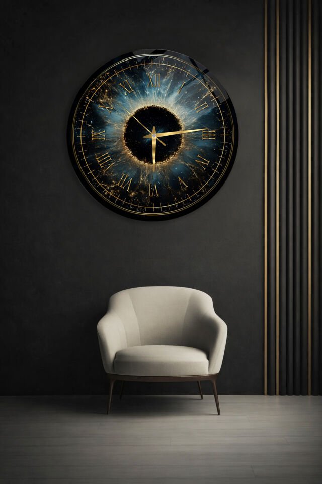 KIRILMAZ CAM DUVAR SAATİ, KOZMİK HALO VE KARANLIK EVREN TASARIMI, HEM TABLO HEM SAAT EV OFİS HEDİYESİ