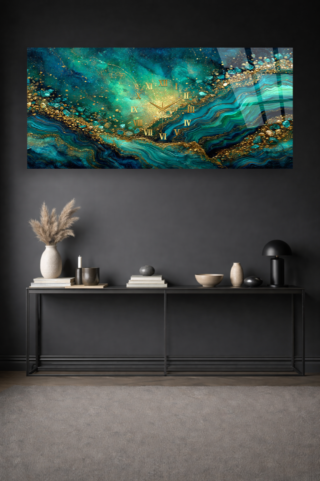 KIRILMAZ CAM DUVAR SAATİ , HEM TABLO HEM SAAT YEŞİL ALTIN MERMER DOKU EV OFİS HEDİYESİ