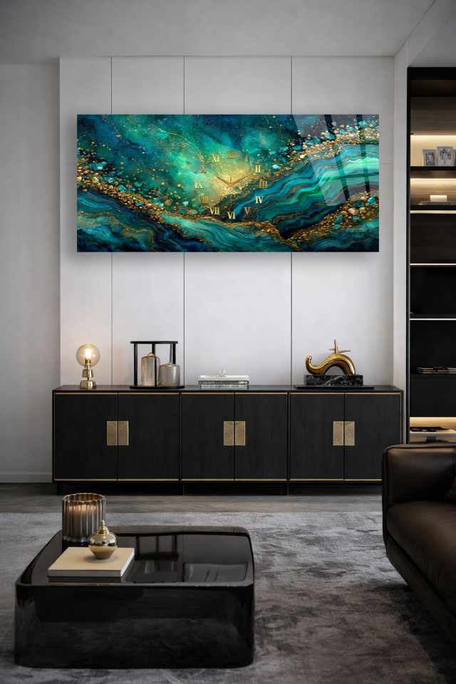 KIRILMAZ CAM DUVAR SAATİ , HEM TABLO HEM SAAT YEŞİL ALTIN MERMER DOKU EV OFİS HEDİYESİ