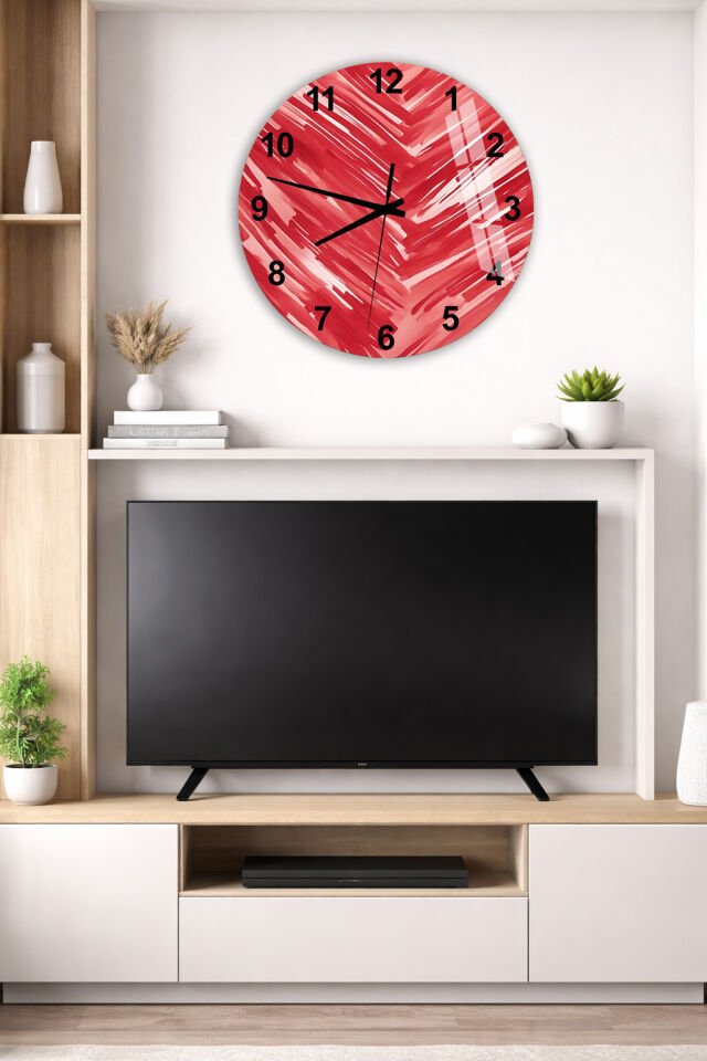 KIRILMAZ CAM DUVAR SAATİ, HEM TABLO HEM SAAT KIRMIZI FIRÇA DARBESİ SOYUT MODERN TASARIM EV OFİS HEDİYESİ