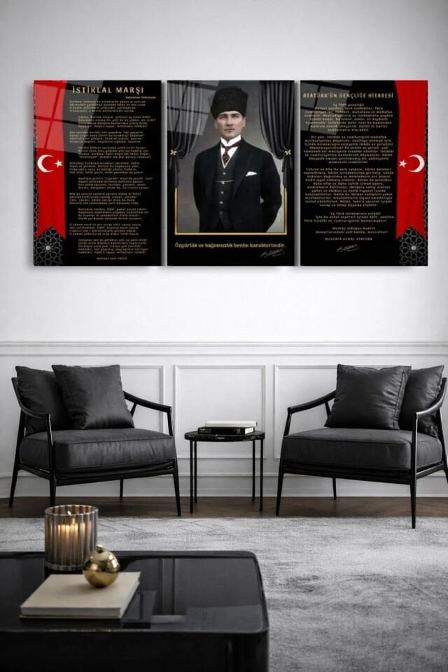 3 LÜ ATATÜRK KÖŞESİ OKUL İÇİN İŞ YERİ İÇİN MODERN TASARIM KIRILMAZ CAM TABLO LÜKS TABLO EV HEDİYESİ Siyah