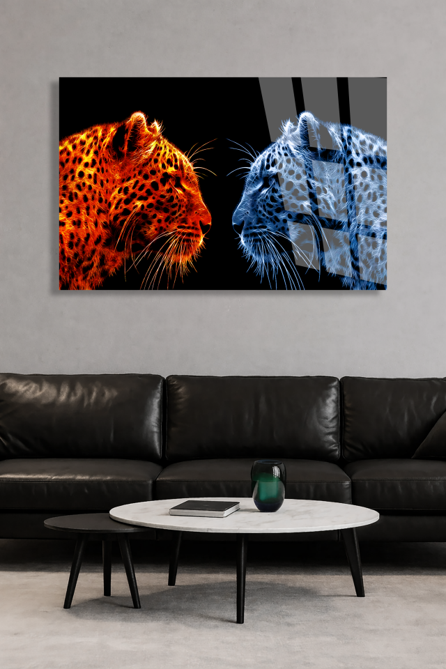 KIRILMAZ CAM TABLO ATEŞ VE BUZ LEOPAR KARŞILAŞMASI MODERN HAYVAN TASARIMI