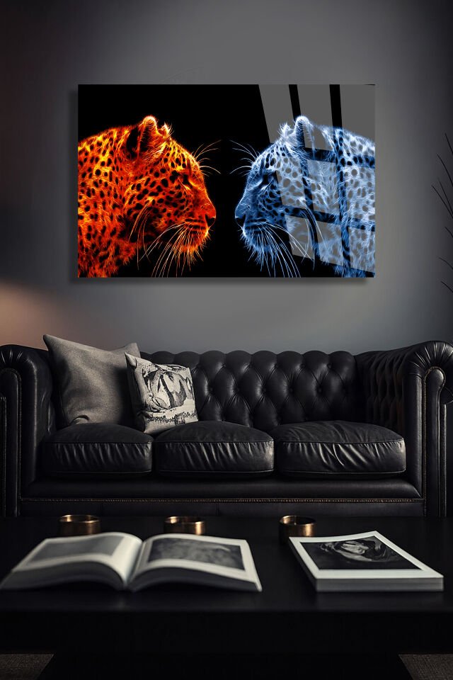 KIRILMAZ CAM TABLO ATEŞ VE BUZ LEOPAR KARŞILAŞMASI MODERN HAYVAN TASARIMI