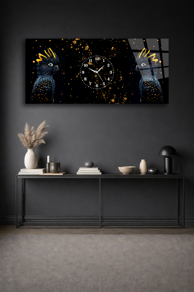 KIRILMAZ CAM DUVAR SAATİ , HEM TABLO HEM SAAT SİYAH PAPAĞAN TASARIM EV OFİS HEDİYESİ